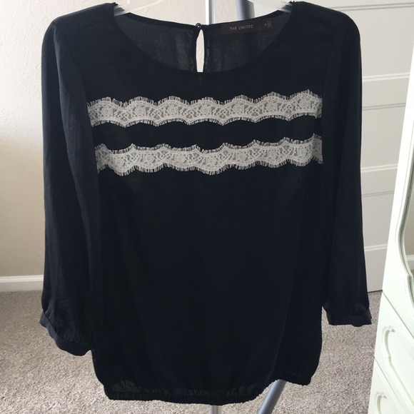 The Limited Tops - Silky black top with cream eyelash lace detailing